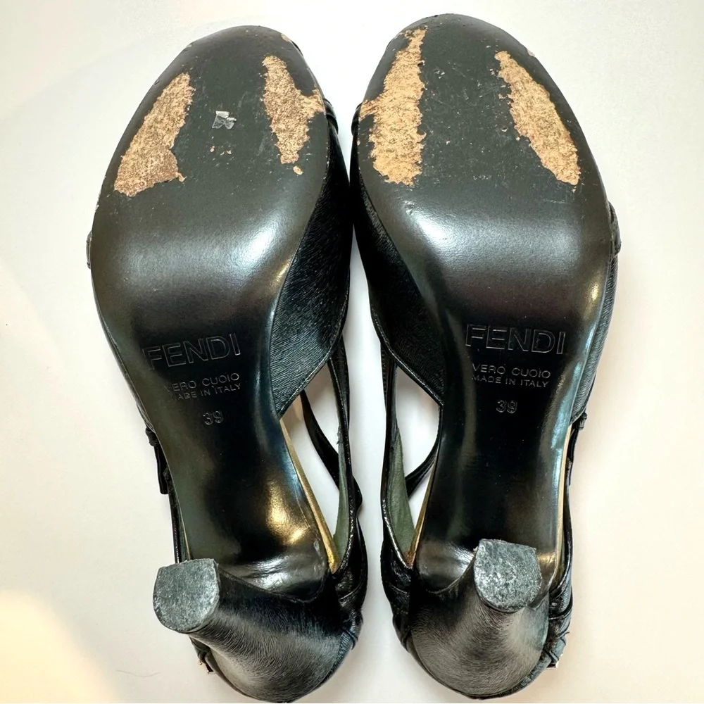 Fendi Black Leather Peep Toe D’Orsay Pumps W Gold Buckle Accents, Size 39